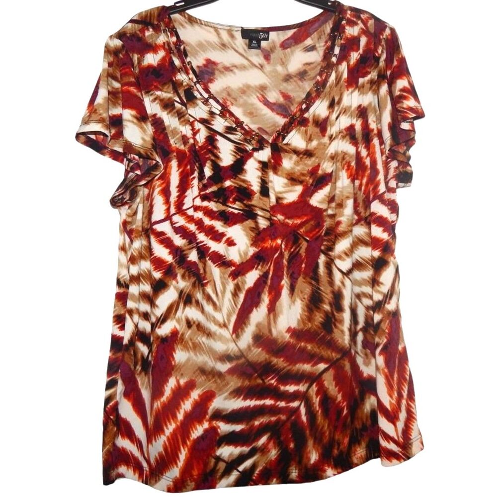 East 5th Women’s X‑Large Red Brown Leaf Print Beaded V‑Neck Short Sleeve Blouse
